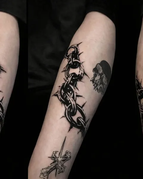 Blackwork forearm tattoo of a thorn-wrapped chain above a cross, shown from three angles