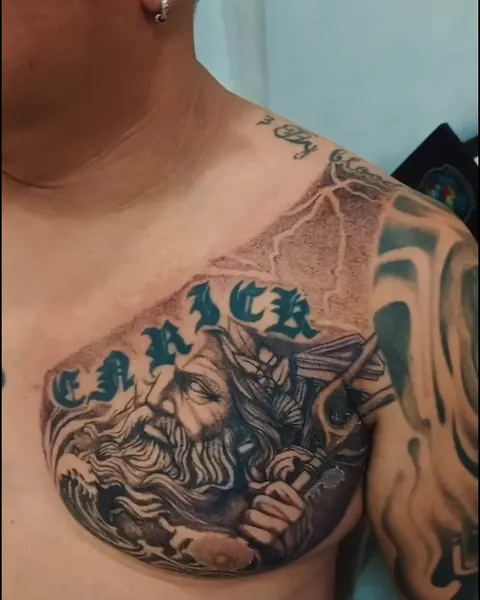 Black and grey Poseidon chest piece with custom lettering